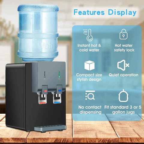 Countertop Water Cooler Dispenser For Home Office Dorms Black Holds 3 Or 5 Gallon Jug Top Loading Hot And Cold Water Kid Safe Lock Compact