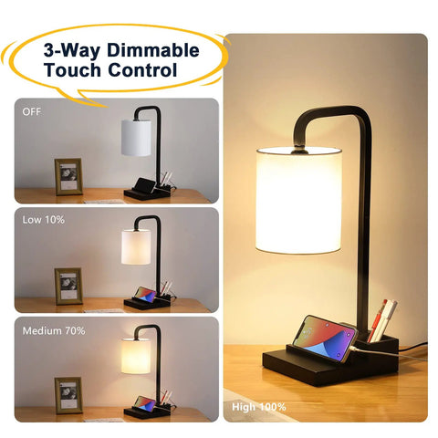 Set Of 2 Bedside Lamps With 3 Way Dimmable Touch Control Built In USB Ports And An AC Outlet, showing dimmable levels with phone stand.