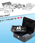 Medium Metal Cash Box With Removable Money Tray and Dual Key Lock showing open tray with coins and bills, 7.87 x 6.30 x 3.54 inches, black.