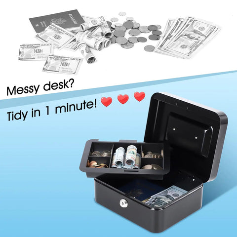 Medium Metal Cash Box With Removable Money Tray and Dual Key Lock showing open tray with coins and bills, 7.87 x 6.30 x 3.54 inches, black.