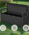 80 Gallon Outdoor Storage Bench With Wood Grain Style Resin Deck Box Waterproof And Lockable Storage Furniture For Patio Garden Or Porch Keeps Tools Cushions And Pool Gear Neatly Tucked Away In Black, shown with open lid and lockable feature