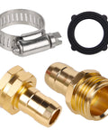 Four Pack Aluminum Garden Hose Repair Connectors Set With Clamps Five Eighth Inch Barb To Three Quarter Inch GHT Thread Male And Female Hose Repair Fittings With Rubber Washers Leak Proof Quick Fix For Your Outdoor Watering System shown with close-up on brass connectors, clamp, and rubber washer.