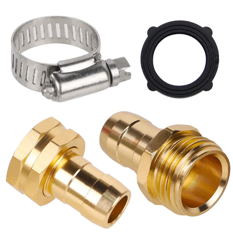 Four Pack Aluminum Garden Hose Repair Connectors Set With Clamps Five Eighth Inch Barb To Three Quarter Inch GHT Thread Male And Female Hose Repair Fittings With Rubber Washers Leak Proof Quick Fix For Your Outdoor Watering System shown with close-up on brass connectors, clamp, and rubber washer.