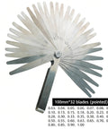 Front view of a 32-blade stainless steel feeler gauge set, fan-style with metric/imperial 0.03–1.00 mm scale.