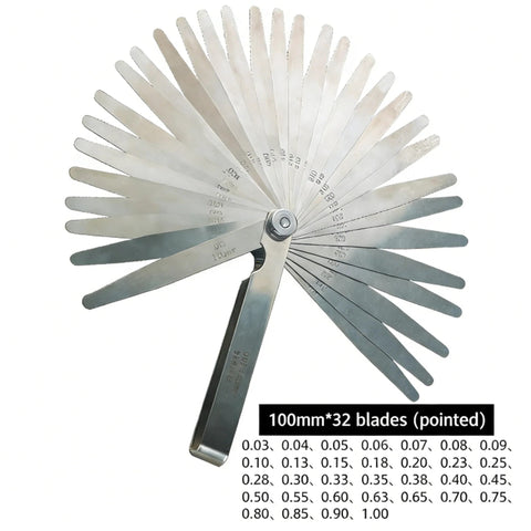 Front view of a 32-blade stainless steel feeler gauge set, fan-style with metric/imperial 0.03–1.00 mm scale.