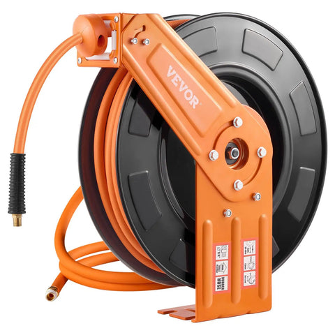Retractable Air Hose Reel With 100 Foot Rubber Hose Three Eighths Inch 300 Psi Max Auto Rewind Five Foot Lead In Ceiling or Wall Mount.