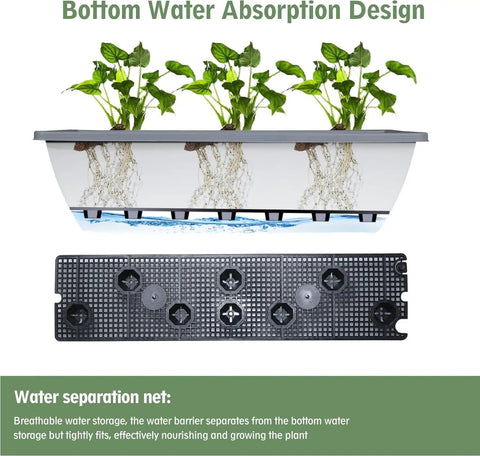 Six Pack 24 Inch Window Box Planters With Shelf Insert Large Rectangular Plastic Flower Boxes For Indoor Outdoor Garden Balcony Home Decor Durable Weatherproof Planters For Flowers And Succulents with bottom water absorption design.