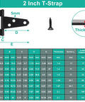 Diagram showing dimensions of Six Pack 2 Inch T Hinges For Doors And Gates In Outdoor Black Finish Heavy Duty Carbon Steel Construction Rustproof.