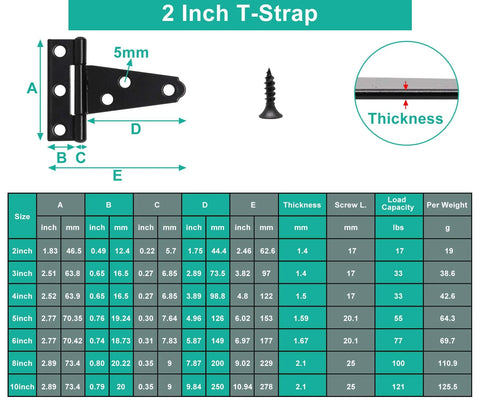 Diagram showing dimensions of Six Pack 2 Inch T Hinges For Doors And Gates In Outdoor Black Finish Heavy Duty Carbon Steel Construction Rustproof.