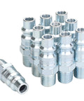 Front view: 10-piece JOROY 3/8-inch high-flow steel air hose fittings with M-type plugs and 1/4-inch male threads