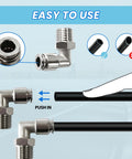 2-pack FLOVENTIS pneumatic male elbow fittings, 1/4 NPT x 1/4 tube OD, stainless steel, push-to-connect, installed
