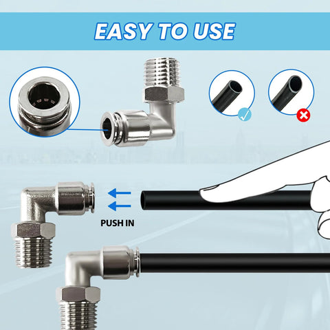 2-pack FLOVENTIS pneumatic male elbow fittings, 1/4 NPT x 1/4 tube OD, stainless steel, push-to-connect, installed