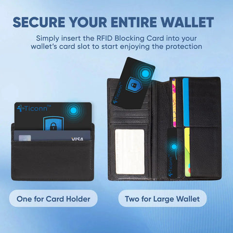 RFID Blocking Cards 4 Pack Slim Wallet Shield for Men and Women shown in card holder and large wallet