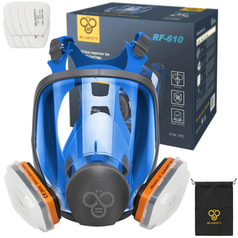Full Face Respirator Mask With Organic Vapor Filters And P2 Dust Filters, RF-610 Reusable Respirator with packaging and accessories