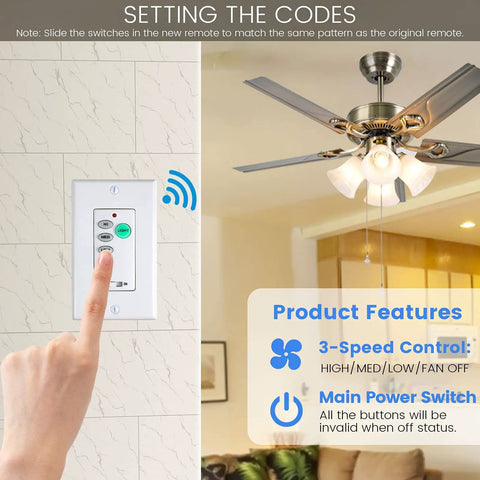 Universal Ceiling Fan Remote Kit With Adjustable Speed And Light Ultra Small Receiver shown installed with fan and wall control