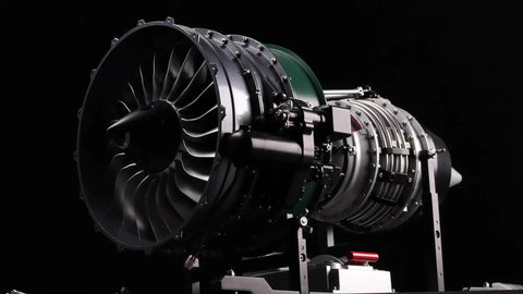 Close-up of One-Tenth Scale Twin Spool Turbofan Engine Model Kit That Actually Runs With Metal CNC Finish Electric Powered DIY Jet Engine Build.