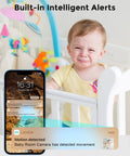 Pan Tilt Security Camera For Baby Monitor With Phone App No Brainer 2 Pack Includes 2 Free 32GB SD Cards 1080P WiFi Indoor Pet Camera 360 Degree Home Surveillance With Motion And Sound Alerts Two Way Audio image showing baby in crib and motion alert on phone
