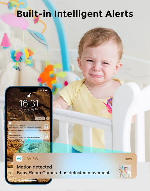 Pan Tilt Security Camera For Baby Monitor With Phone App No Brainer 2 Pack Includes 2 Free 32GB SD Cards 1080P WiFi Indoor Pet Camera 360 Degree Home Surveillance With Motion And Sound Alerts Two Way Audio image showing baby in crib and motion alert on phone