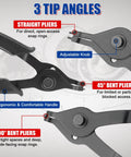 14 Piece Snap Ring Pliers Set with Straight and Bent Pliers showing 3 tip angles: straight, 45°, and 90°, ergonomic handle, adjustable knob