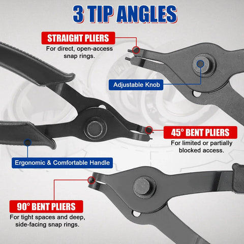 14 Piece Snap Ring Pliers Set with Straight and Bent Pliers showing 3 tip angles: straight, 45°, and 90°, ergonomic handle, adjustable knob