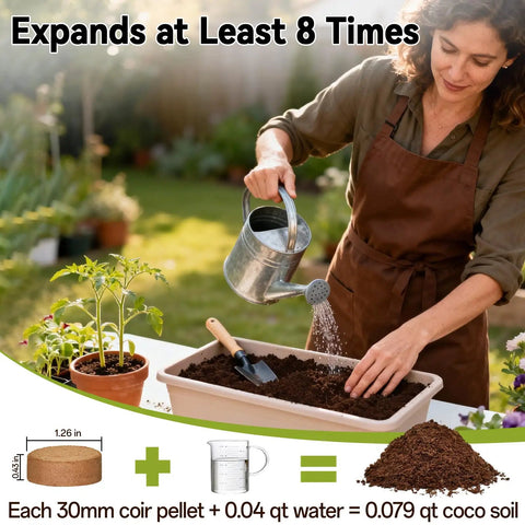 Gardener watering 100 Pack 30mm Organic Coco Coir Seed Starter Pellets for indoor and outdoor gardening setup