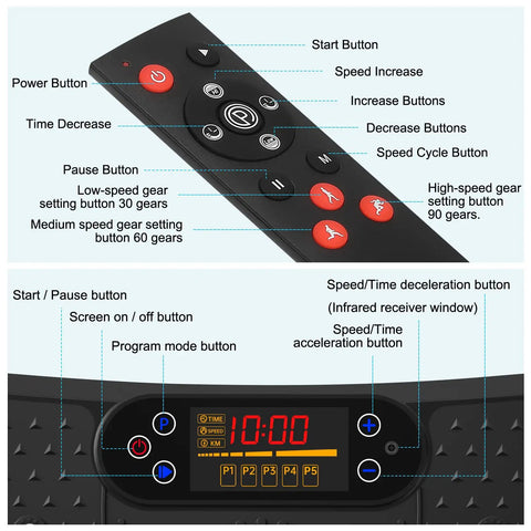 Control panel and remote for Vibration Plate For Lymphatic Drainage And Full Body Workout With Resistance Bands 450 Lbs Capacity Black