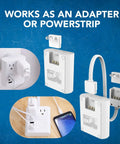 World Travel Plug Adapter M8 Max With 3 USB Ports And 18W USB C Fast Charge, 2 US Outlets shown as adapter and powerstrip