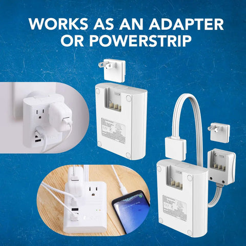World Travel Plug Adapter M8 Max With 3 USB Ports And 18W USB C Fast Charge, 2 US Outlets shown as adapter and powerstrip