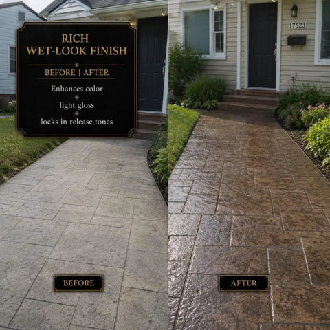 Professional Acrylic Concrete Cure And Seal For Pool Decks And Garages on stamped concrete before and after application.