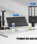 30000W Solar Street Lights Outdoor product components including solar panel, lights, remote, and mounts with dimensions.