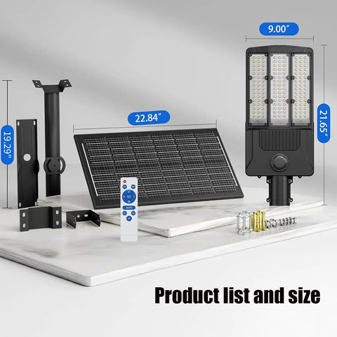 30000W Solar Street Lights Outdoor product components including solar panel, lights, remote, and mounts with dimensions.