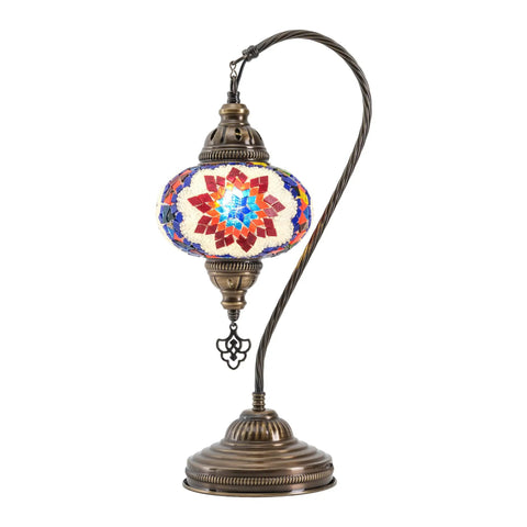 Turkish Mosaic Table Lamp With Built In LED Bulb Hand Cut Glass Mosaics Moroccan Gooseneck Design Tall 45 Cm Lit Accent Light For Living Room.