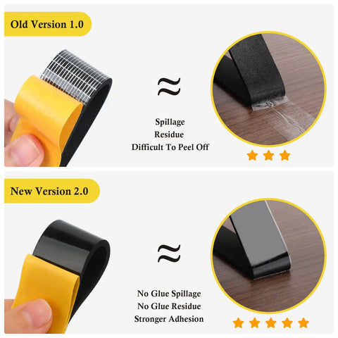 Comparison of old vs new 0.25 inch wide door seal tape, highlighting improved adhesion and no residue in the New Version 2.0.