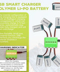 USB charger with Six Pack 3.7V 420mAh 25C LiPo Batteries for RC drones and devices, showing multiple connection outputs.