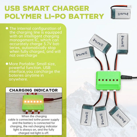 USB charger with Six Pack 3.7V 420mAh 25C LiPo Batteries for RC drones and devices, showing multiple connection outputs.
