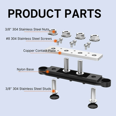 Upgraded Heavy Duty Copper Bus Bar And Power Distribution Block Pair parts diagram showing copper contact plate and stainless steel components.