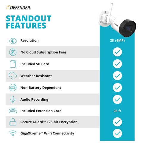 Security camera features list and 2K HD Wireless Security Camera With Plug In Power Outdoor Weatherproof Bullet Cam image