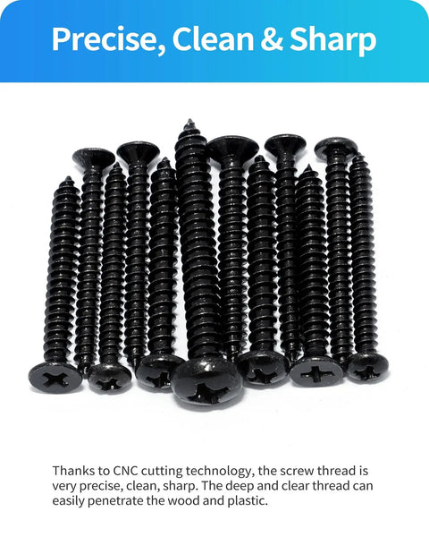 Stainless Steel Self Tapping Wood Screws Kit 560 Piece Assortment With Flat Head And Round Head M3 M4 M5 M6 Phillips Drive Zinc Plated Black Finish DIY Friendly close-up