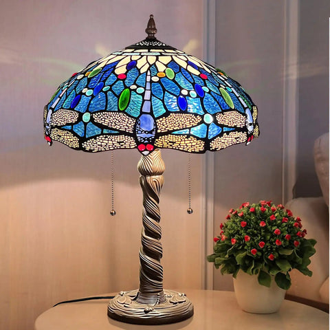 Sea Blue Dragonfly Tiffany Style Stained Glass Desk Lamp For Home Office Living Room Reading Light 16 Inch Shade And 24 Inch Tall