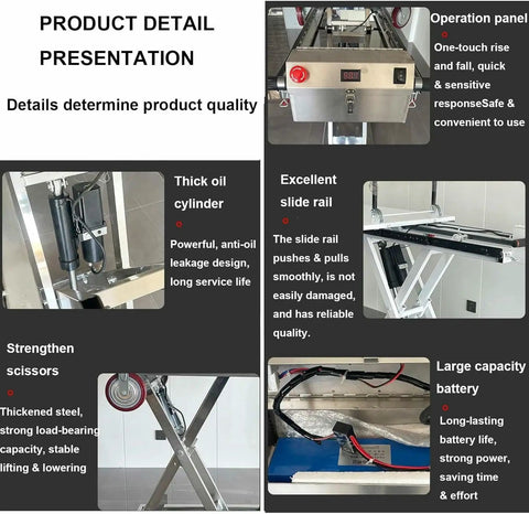 Heavy-Duty Electric Scissor Lift Table Rides With 300kg Capacity, Hydraulic Power For Effortless Warehouse And Workshop Lifting, Portable Adjustability, And Smooth Platform Action For Serious Industrial Grind detailed view showing thick oil cylinder and operation panel.