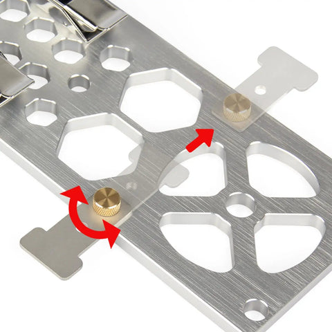 Close-up of 13.4 Inch Track Saw Guide Rail Square with CNC machined aluminum body, adjustable knobs for precise 90 degree cuts.