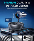 Solid Starlink Mini Car Adapter With A Tough Ten Foot Power Cable And Fast Charge USB Ports showing cable with digital voltmeter.