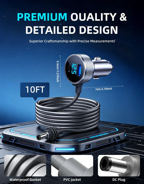 Solid Starlink Mini Car Adapter With A Tough Ten Foot Power Cable And Fast Charge USB Ports showing cable with digital voltmeter.