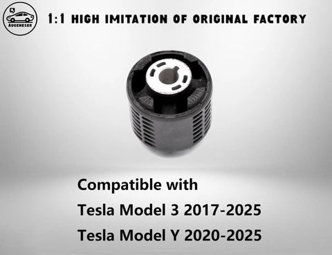 Heavy Duty Rear Motor Bushing Replacement For Tesla Model 3 And Model Y Clean Install Drivetrain Support Tight Fitment Smooth Ride Direct Drop In Vibration Control Real Deal Fix close-up view showing rubber material and metallic center.