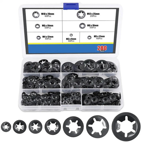 Internal Tooth Lock Washers And Push-On Locking Washers Kit with Speed Clips, Star Fasteners, Assorted M3 to M12, 280 Pieces in Box