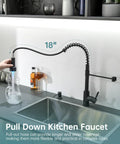Matte Black LED Kitchen Faucet With Soap Dispenser And Pull Down Sprayer showing extended hose with water flow demonstration.