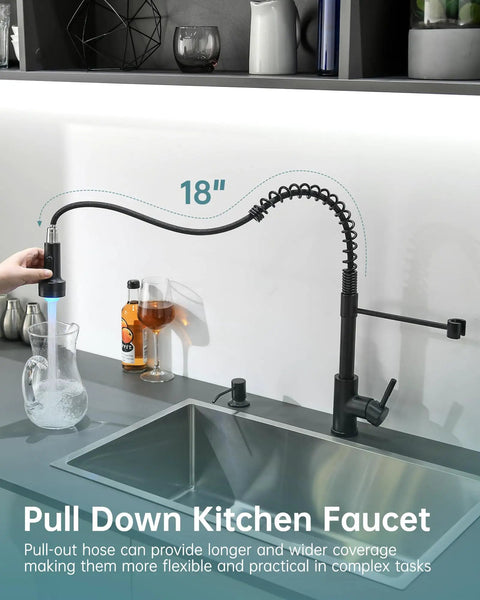 Matte Black LED Kitchen Faucet With Soap Dispenser And Pull Down Sprayer showing extended hose with water flow demonstration.