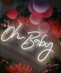 Lit Neon Sign For Wall Decor 31.5 By 15.7 Inches With Dimmable Switch Reusable Neon Light Sign For Baby Shower Birthday Party And Wedding Decor In Cool White with floral and balloon decorations