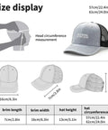 Vintage Heather Grey Trucker Hat For Women, Yacht Inspired Summer Cap sizing diagram with adjustable buckle and retro mesh back.