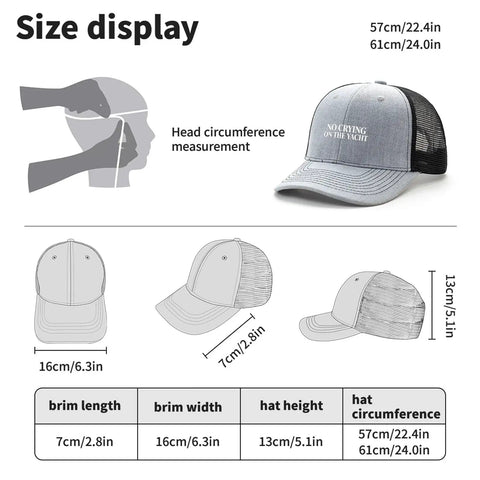 Vintage Heather Grey Trucker Hat For Women, Yacht Inspired Summer Cap sizing diagram with adjustable buckle and retro mesh back.